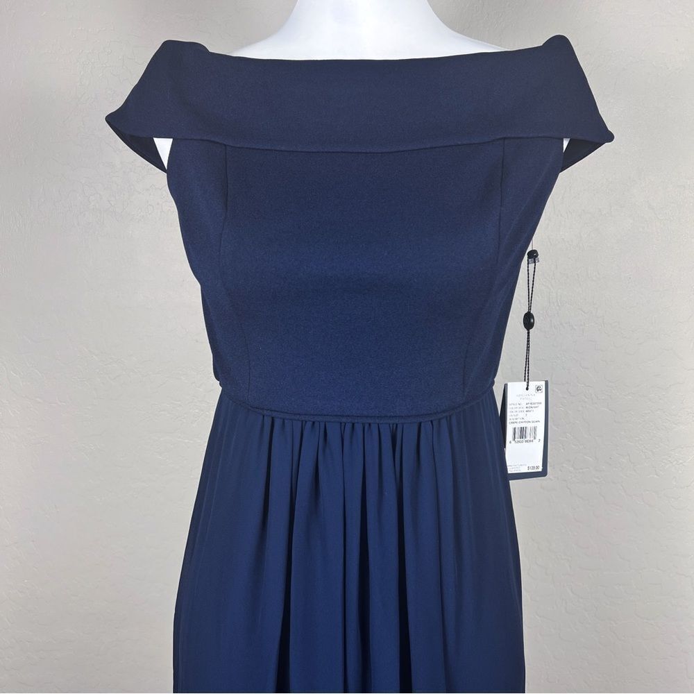 Adrianna Papell Off Shoulder Crepe Chiffon Long Formal Evening Gown Navy 2 NEW - Picture 8 of 15